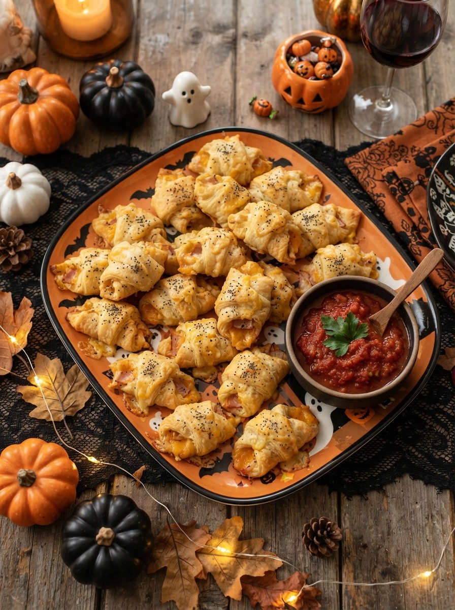 Crescent rolls filled with cheese and ham, baked until golden and sliced into pinwheel shapes.